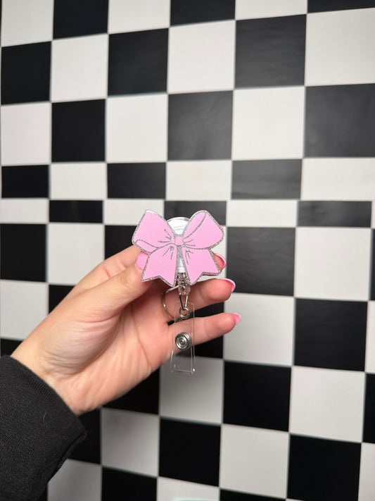 Pink/Silver Sparkle Bow Badge Reel
