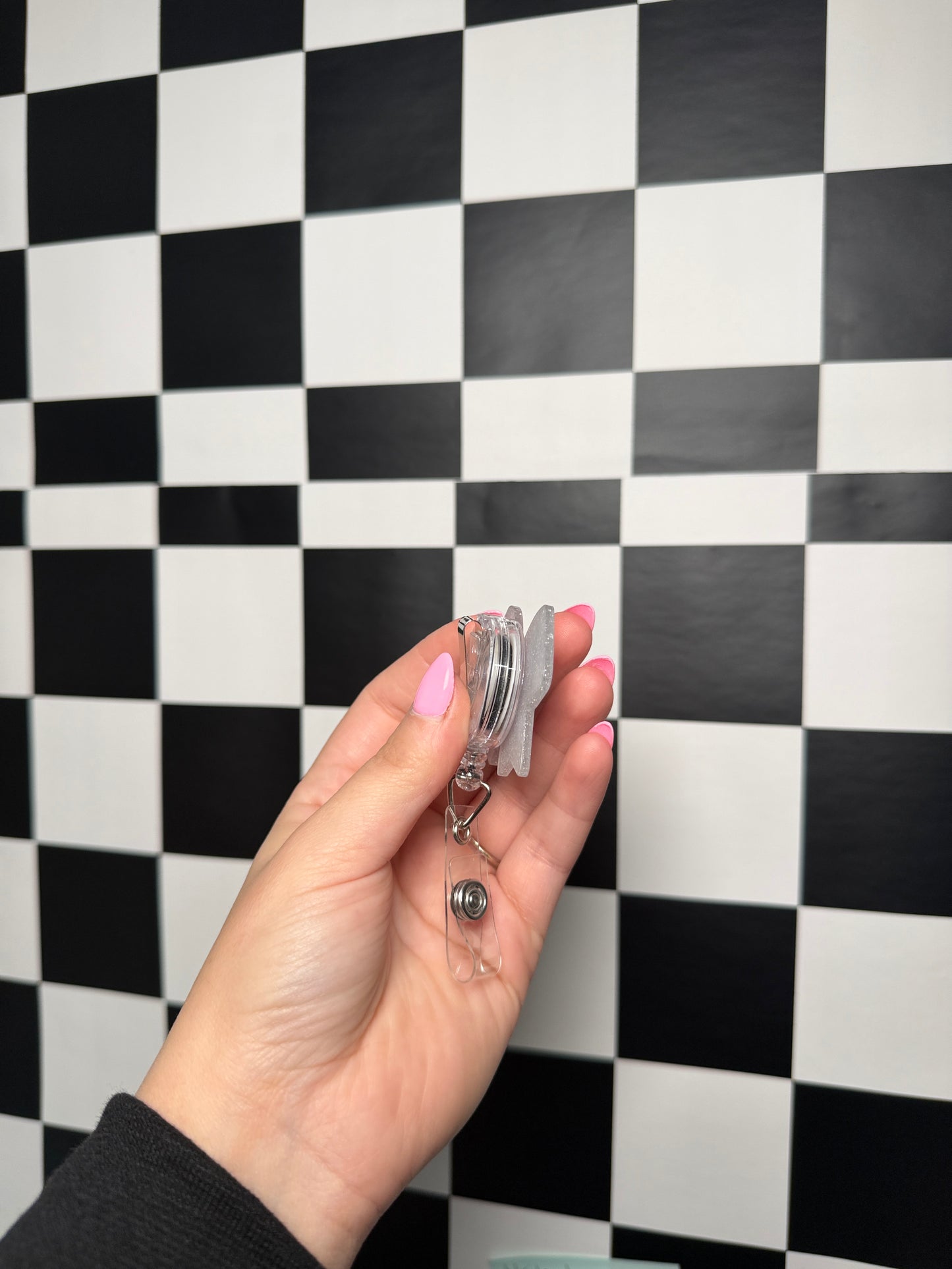 Pink/Silver Sparkle Bow Badge Reel